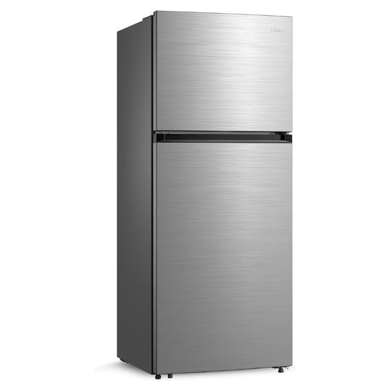 Midea 645 Liter Top Mount Frost-Free Double Door Refrigerator in Silver – Front View.
