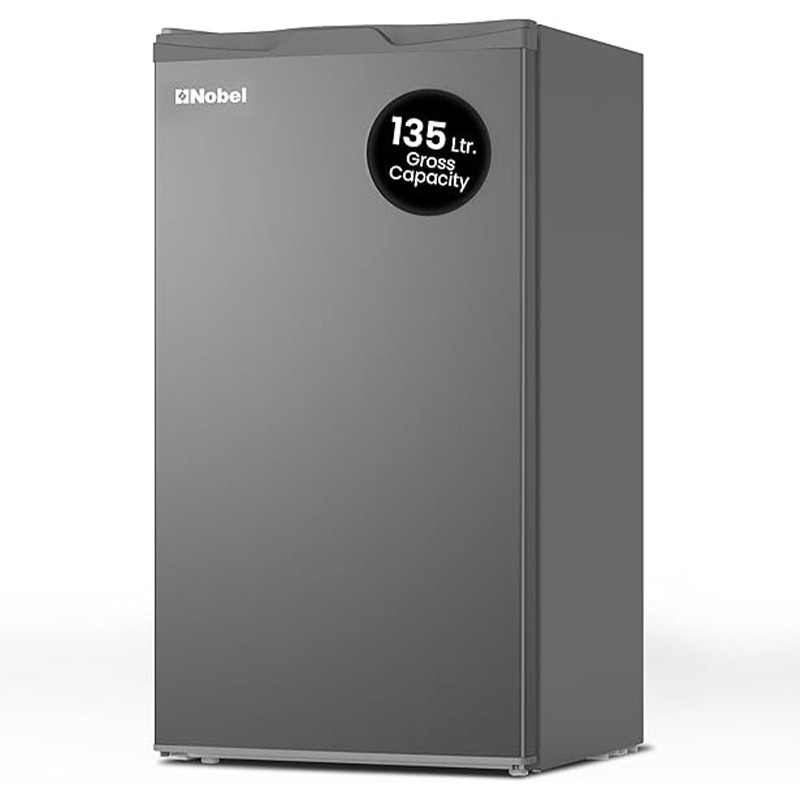 Nobel 135 Liter Single Door Refrigerator – Compact Design in Silver Finish, Front View.
