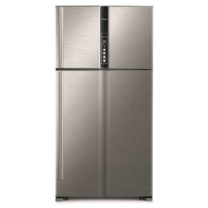 Hitachi 990L Double Door Top Mount Refrigerator, Brilliant Silver, Front View – Model RV990PUK1K1BSL