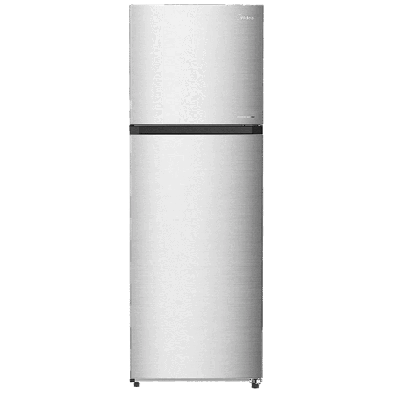 Midea 385L Top Mount Double Door Refrigerator with Smart Sensor and Multi-Air Flow, Silver Finish, Front View – Model MDRT385MTE46