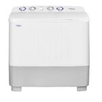 Front view of Super General SGW1056N 10 Kg Twin Tub Semi Automatic Washing Machine showing control panel and dual tubs | العرض الأمامي لغسالة سوبر جنرال SGW1056N مزدوجة الحوض تُظهر لوحة التحكم والحوضين