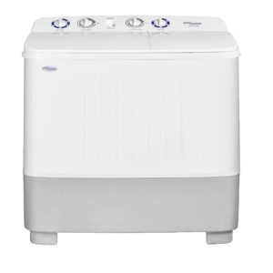 Front view of Super General SGW1056N 10 Kg Twin Tub Semi Automatic Washing Machine showing control panel and dual tubs | العرض الأمامي لغسالة سوبر جنرال SGW1056N مزدوجة الحوض تُظهر لوحة التحكم والحوضين