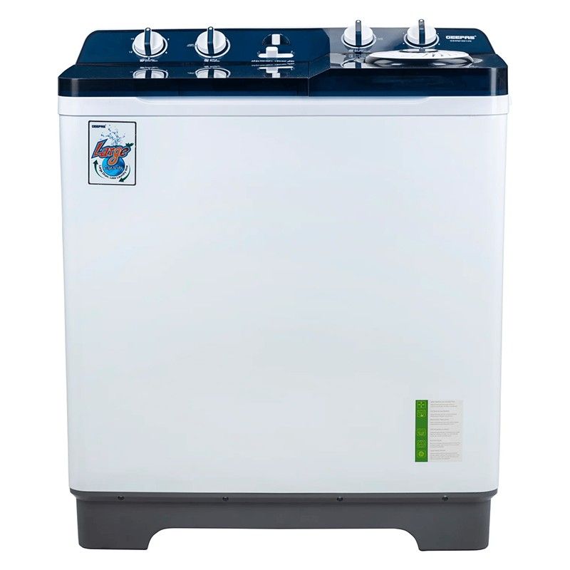 Front view of Geepas GSWM18014 13 Kg Twin Tub Semi-Automatic Washing Machine showing control panel and dual tub design | منظر أمامي لغسالة جيباس مزدوجة الحوض سعة ‎13 كجم‎ GSWM18014