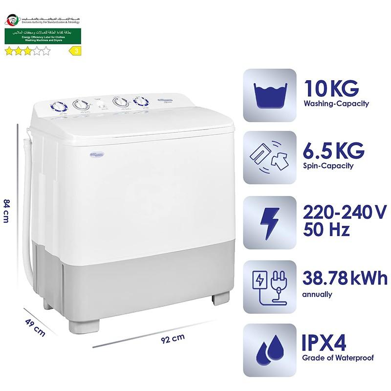 Top view showing wash and spin tubs, transparent lids, and control knobs | المنظر العلوي يُظهر أحواض الغسيل والعصر والأغطية الشفافة وأزرار التحكم