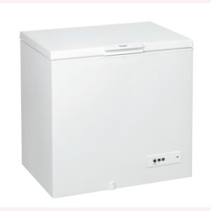 Front view of Whirlpool CF420T chest freezer showing elegant white design and control panel | العرض الأمامي لفريزر ويرلبول CF420T يُظهر التصميم الأبيض الأنيق ولوحة التحكم