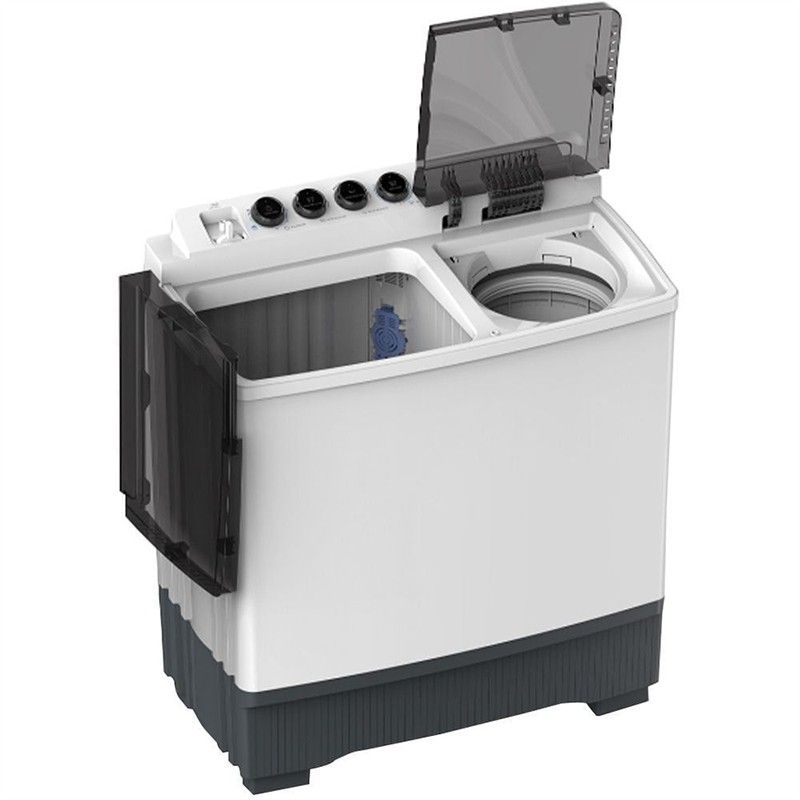 Top view of Midea MT100W160WGCC washing machine showing wash and spin tubs, control knobs, and air dry function | المنظر العلوي لغسالة ميديا MT100W160WGCC يُظهر حوضي الغسيل والعصر، مقابض التحكم، ووظيفة التجفيف الهوائي