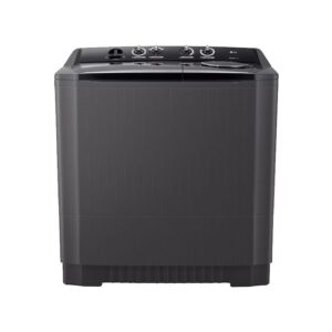 Front view of LG P2061NT 14 Kg Twin Tub Semi-Automatic Washing Machine showing control panel and dual tubs | العرض الأمامي لغسالة إل جي P2061NT مزدوجة الحوض سعة 14 كجم تُظهر لوحة التحكم والحوضين