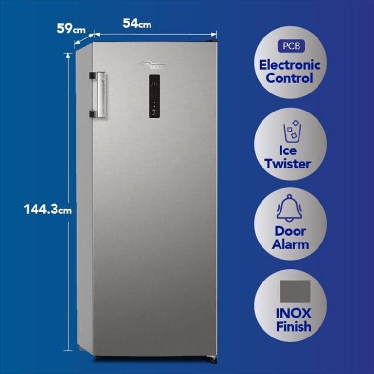 Height and width view showing dimensions and full side profile of Super General SGUF301NFDCI Upright Freezer | منظر الارتفاع والعرض يُظهر الأبعاد والملف الجانبي الكامل لفريزر سوبر جنرال SGUF301NFDCI