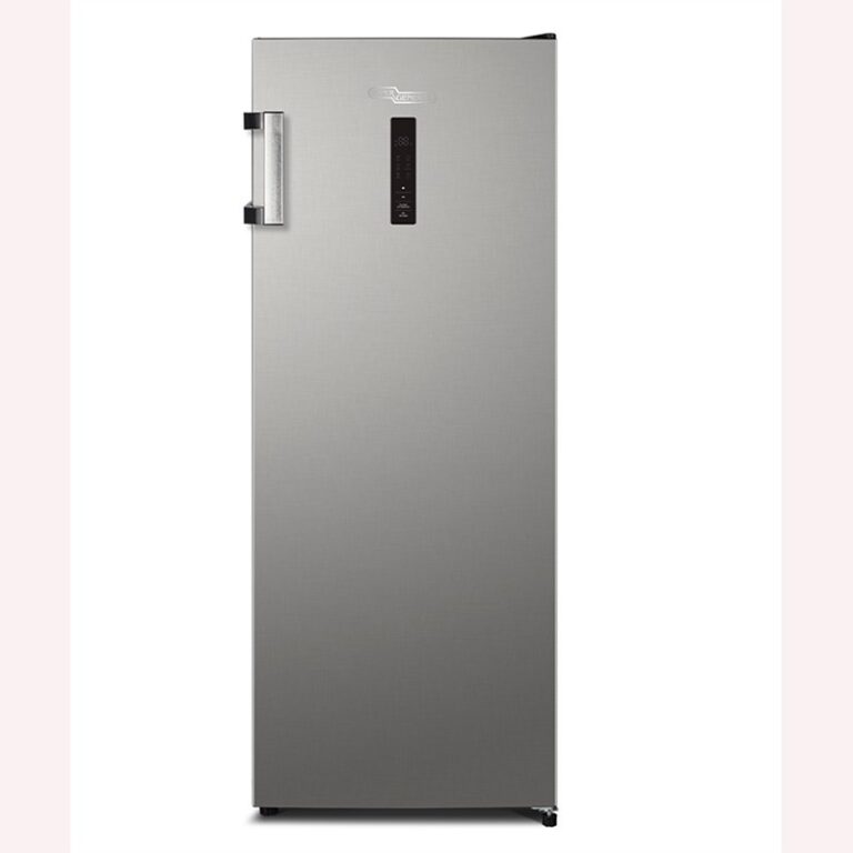 Front view showing silver upright freezer with LED display and Ice Twist Maker | العرض الأمامي يُظهر فريزر فضي عمودي مع شاشة LED وصانع ثلج