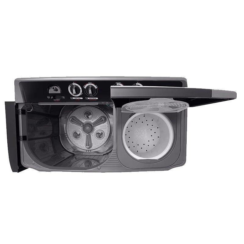 Top view of LG P2061NT showing twin tubs, control knobs, and lids | المنظر العلوي لغسالة إل جي P2061NT يُظهر الحوضين، أزرار التحكم، والأغطية