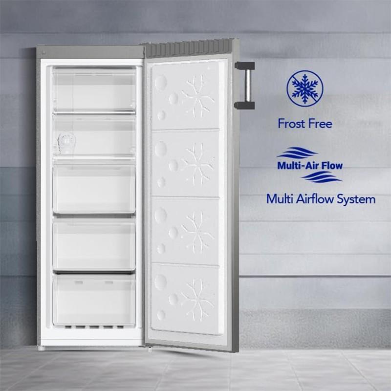 Door open view showing interior drawers, Ice Twist Maker, and LED display of Super General SGUF301NFDCI 215L Upright Freezer | منظر الغطاء المفتوح يُظهر الأدراج الداخلية، صانع الثلج الدوّار، وشاشة LED لفريزر سوبر جنرال SGUF301NFDCI 215 لتر