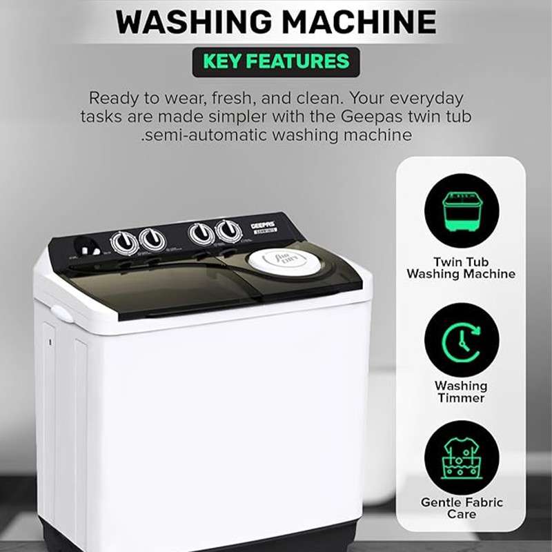 Right side view of Geepas 15 Kg Twin Tub Semi-Automatic Washing Machine | عرض جانبي أيمن لغسالة جيباس مزدوجة الحوض سعة ‎15 كجم‎