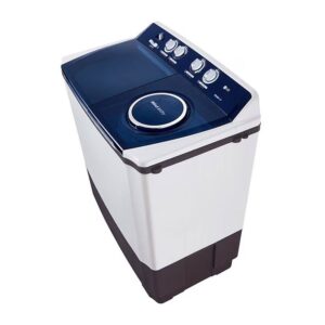 Left side view of LG P1461RWN5L showing durable plastic body and lid hinge | الجانب الأيسر لغسالة إل جي P1461RWN5L يُظهر الهيكل البلاستيكي المتين ومفصلة الغطاء