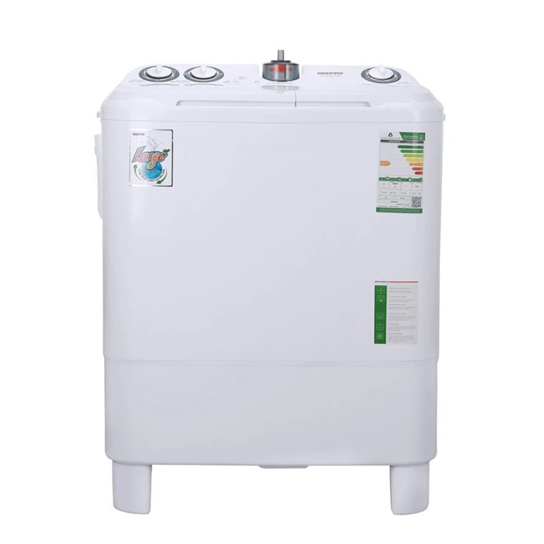 Front view of Geepas 7.2 KG Twin Tub Semi-Automatic Washing Machine GSWM6468 | العرض الأمامي لغسالة جيباس ‎7.2 كجم‎ مزدوج الحوض