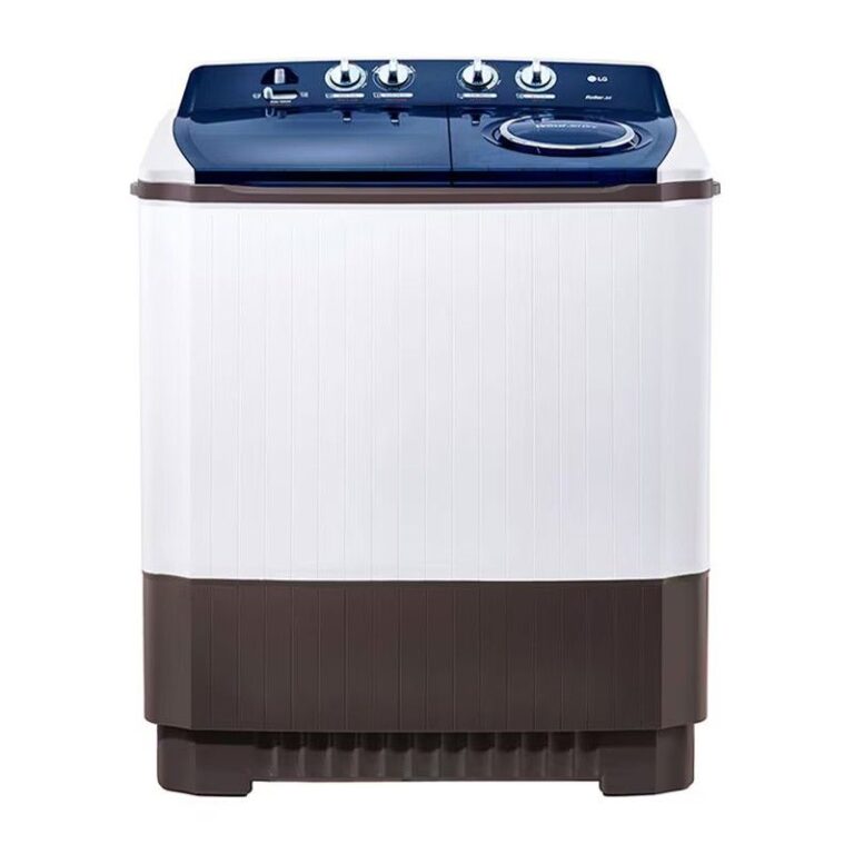 Front view of LG P1461RWN5L 10.5 Kg Twin Tub Semi-Automatic Washing Machine showing control knobs, dual tubs, and Roller Jet pulsator | منظر أمامي لغسالة إل جي P1461RWN5L سعة ‎10.5 كجم‎ مزدوجة الحوض تُظهر أدوات التحكم، الحوضين ومحرّك رولر جيت