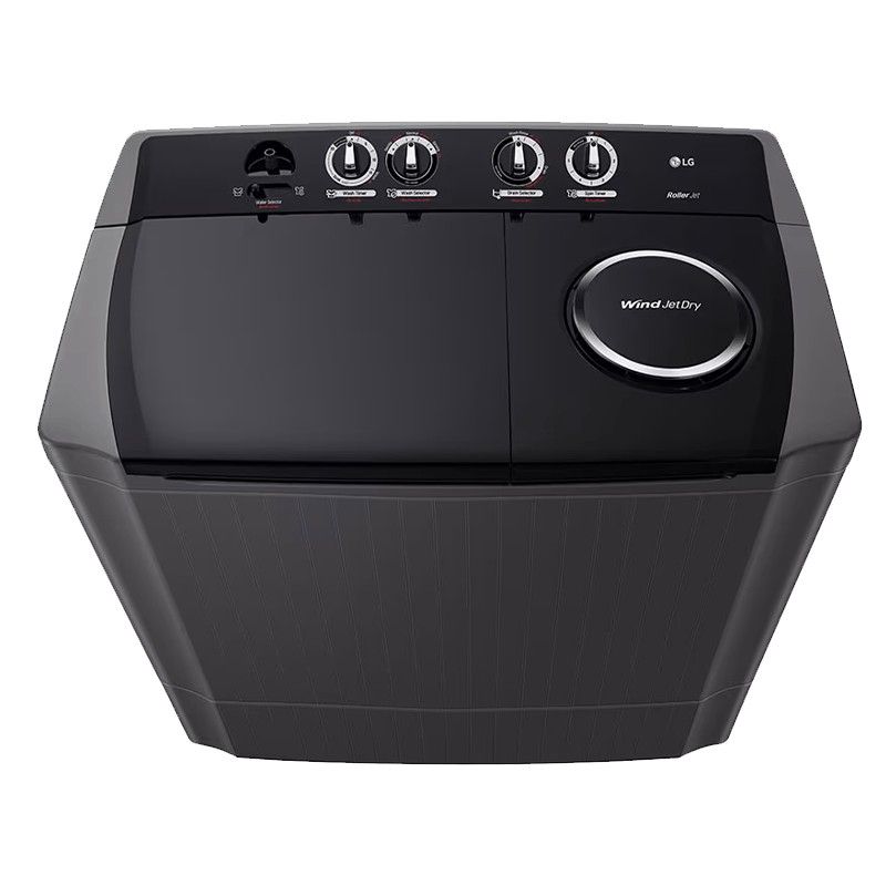 Top view of LG P2061NT showing twin tubs, control knobs, and lids | المنظر العلوي لغسالة إل جي P2061NT يُظهر الحوضين، أزرار التحكم، والأغطية