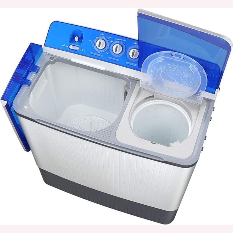 Top view of Haier 18 KG Twin Tub Washing Machine showing control panel and twin-tub layout | المنظر العلوي لغسالة هاير ‎18 كجم‎ مزدوجة الحوض يُظهر لوحة التحكم وتصميم الحوضين