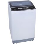 Front view of Akai WMMA-X10TL 10 Kg Top Load Washing Machine showing digital control panel and modern white design | العرض الأمامي لغسالة أكاي WMMA-X10TL تحميل علوي تُظهر لوحة التحكم الرقمية والتصميم الأبيض العصري
