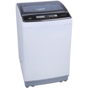 Front view of Akai WMMA-X10TL 10 Kg Top Load Washing Machine showing digital control panel and modern white design | العرض الأمامي لغسالة أكاي WMMA-X10TL تحميل علوي تُظهر لوحة التحكم الرقمية والتصميم الأبيض العصري