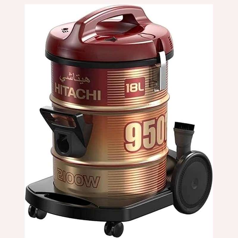 Front view of Hitachi CV-950F Pail Can Vacuum Cleaner in elegant black and gold finish.