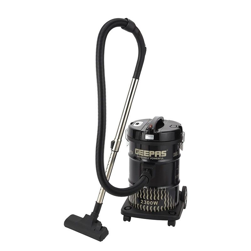 Front view of Geepas 2300W Drum Vacuum Cleaner with durable iron tank and elegant body design.