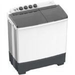 Front view of Midea MT100W160WGCC 16kg Twin Tub Washing Machine showing control panel and dual tubs | العرض الأمامي لغسالة ميديا MT100W160WGCC سعة 16 كجم مزدوجة الحوض تُظهر لوحة التحكم والحوضين