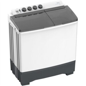 Front view of Midea MT100W160WGCC 16kg Twin Tub Washing Machine showing control panel and dual tubs | العرض الأمامي لغسالة ميديا MT100W160WGCC سعة 16 كجم مزدوجة الحوض تُظهر لوحة التحكم والحوضين