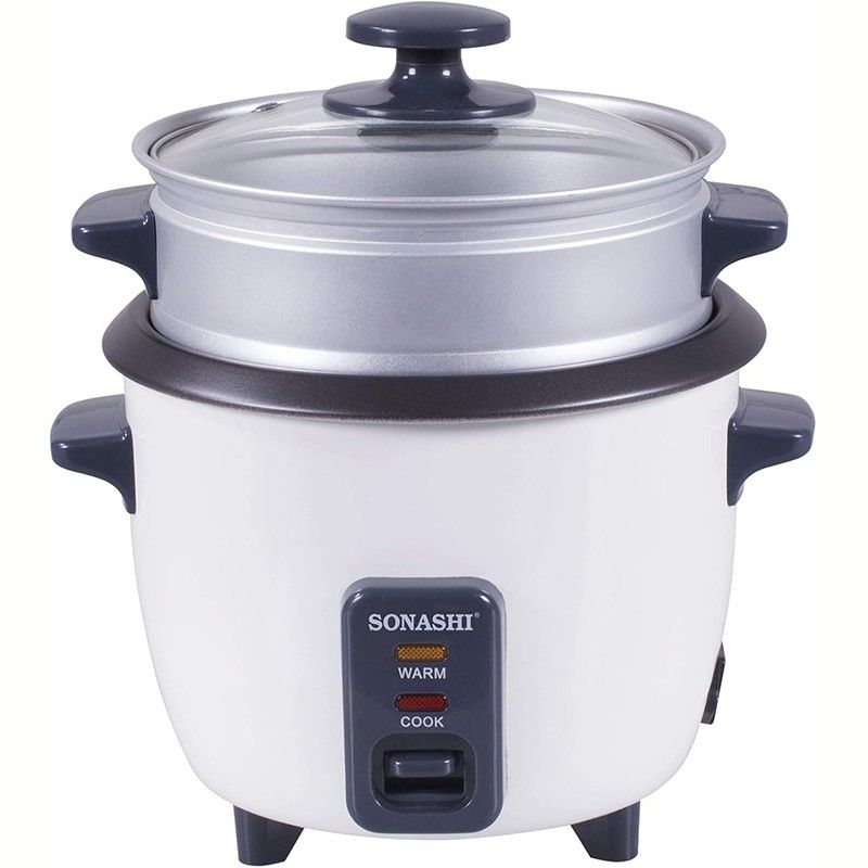 1.8L rice cooker with steamer, non-stick pot, and tempered glass lid.