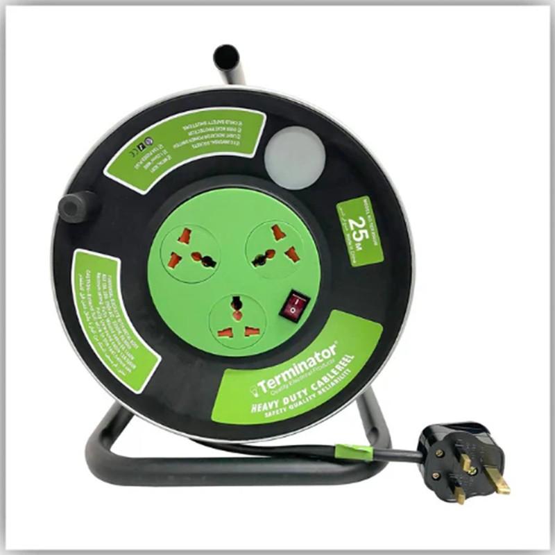 Heavy-duty 25m cable reel with 3 universal sockets.