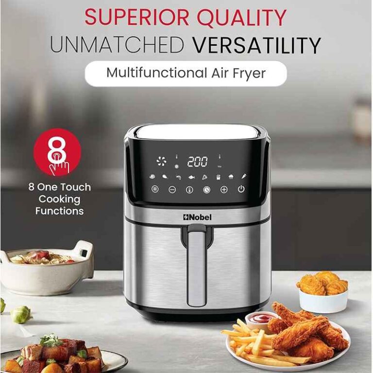 Nobel NAF800D Air Fryer in use cooking fries and chicken | قلاية نوبل أثناء الاستخدام