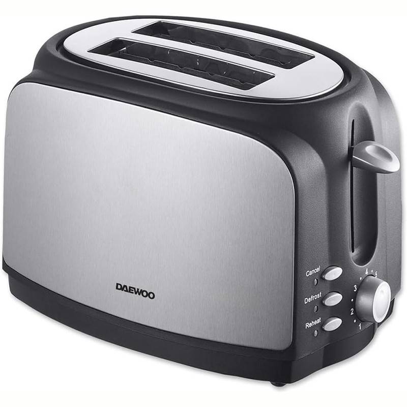2-slice toaster with cool-touch body and removable crumb tray.