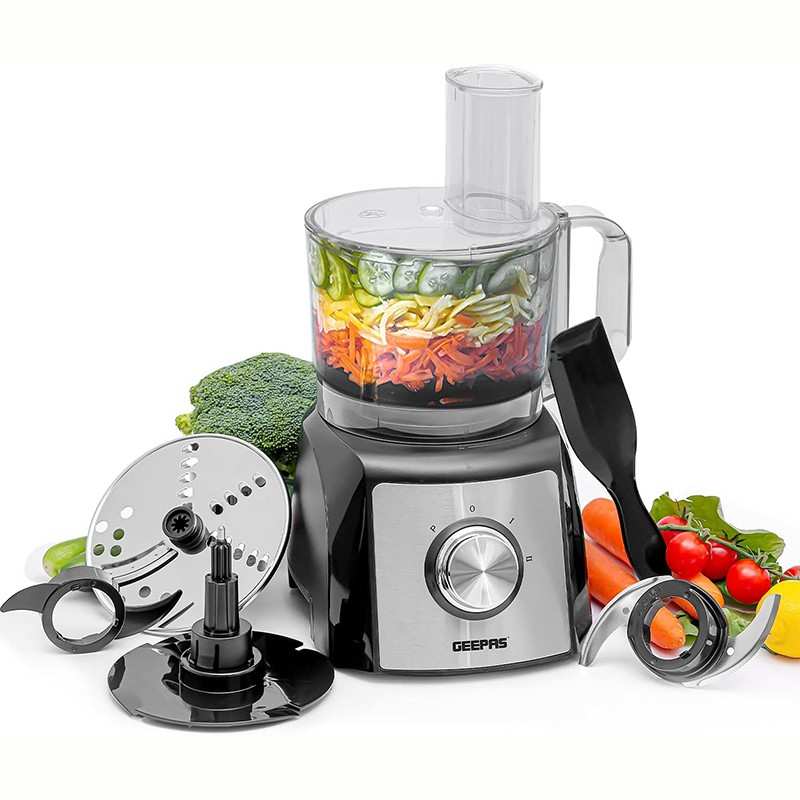 Compact 1200W food processor with 1.2 L bowl and multi attachments.