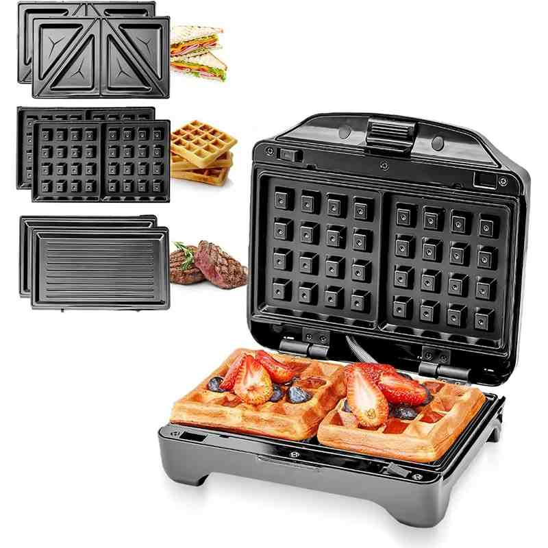 Compact 750W 2-slice sandwich maker with non-stick plates.