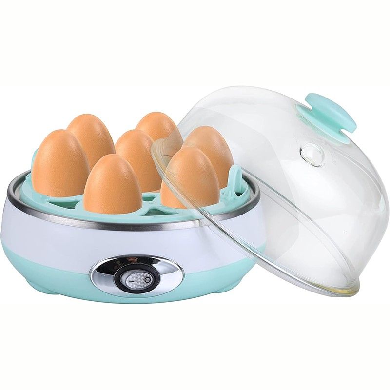 7-egg capacity electric egg boiler with stainless steel plate.