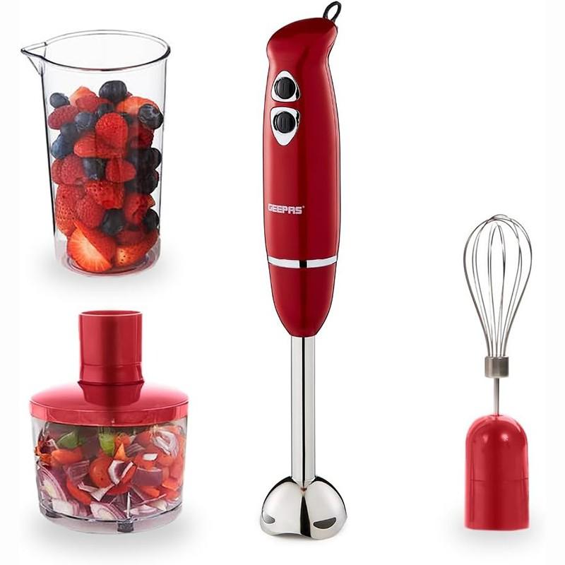 Powerful 400W hand blender with 2 speeds, stainless steel blades, and chopper bowl.