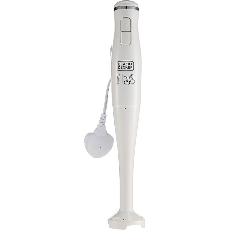 Compact stick blender with stainless steel blade and ergonomic grip.