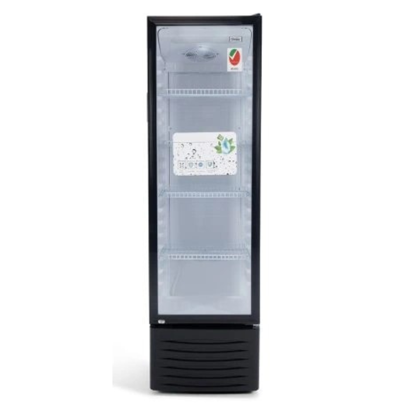Modern black 320-liter showcase chiller with full glass door.