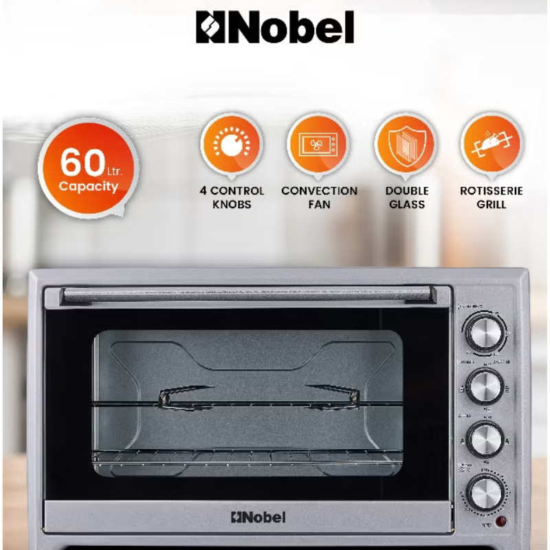 60-liter silver electric oven with convection and rotisserie.
التسمية التوضيحية: فرن كهربائي فضي 60 لتر مع مروحة وشواية دوارة.